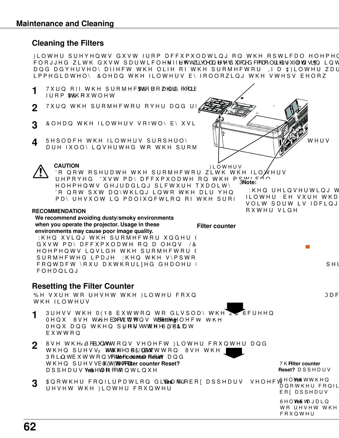 Sanyo PLC-WXU300K owner manual Maintenance and Cleaning Cleaning the Filters, Resetting the Filter Counter, Filter counter 