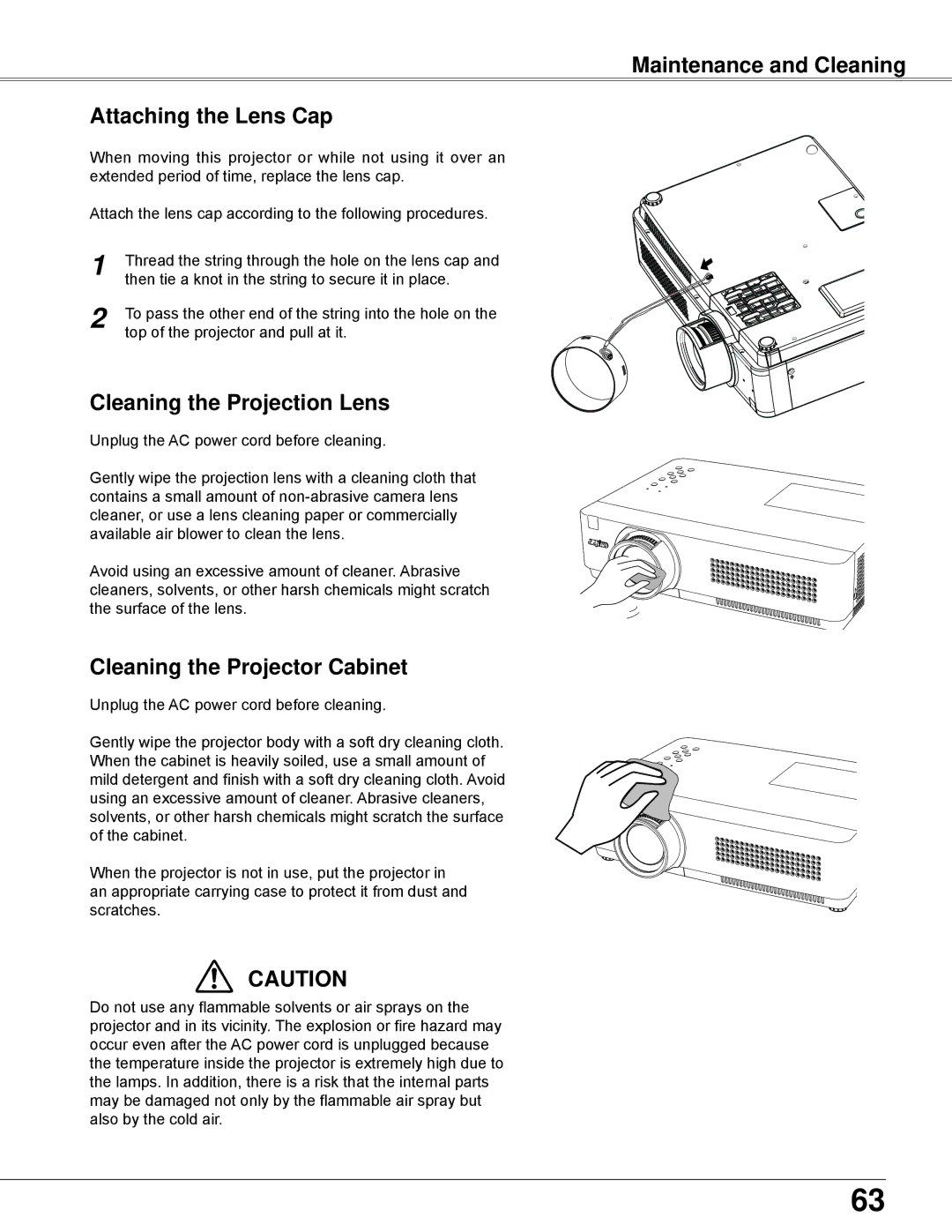 Sanyo PLC-WXU300K owner manual Maintenance and Cleaning Attaching the Lens Cap, Cleaning the Projection Lens 