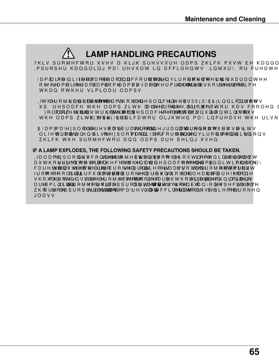 Sanyo PLC-WXU300K owner manual Lamp Handling Precautions, Maintenance and Cleaning 