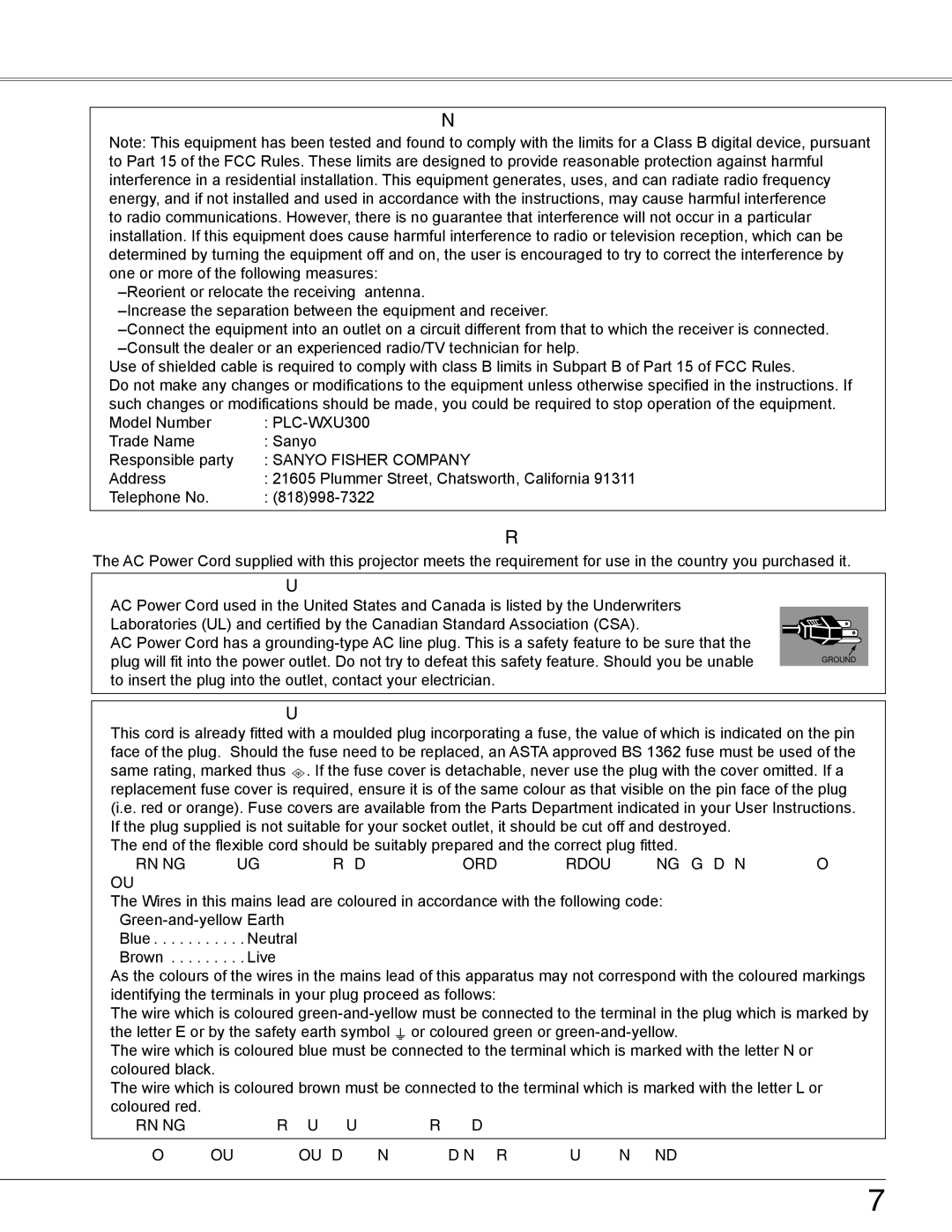 Sanyo PLC-WXU300K owner manual Compliance, Federal Communications Commission Notice, AC Power Cord Requirement 