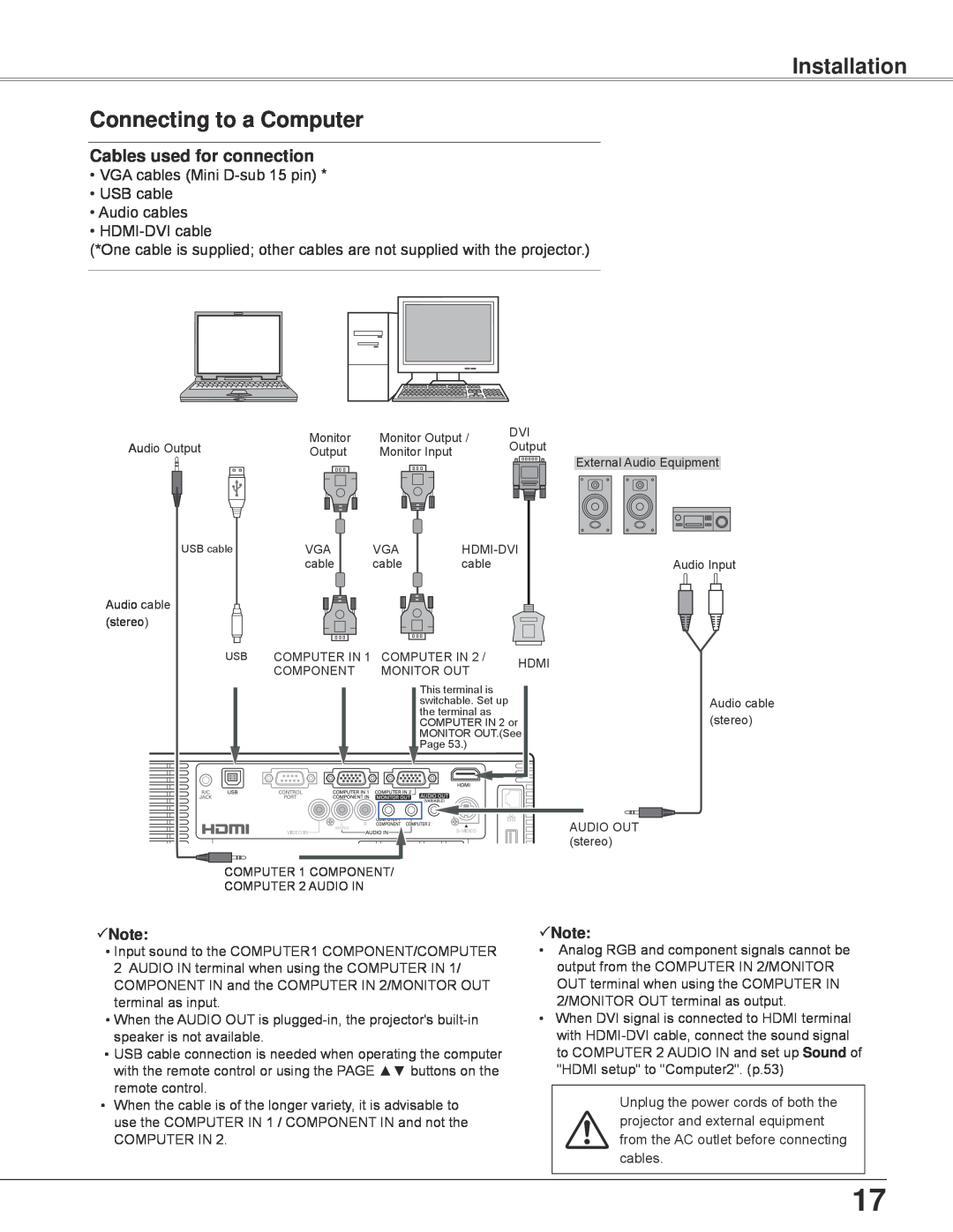 Sanyo PLC-WXU700 owner manual Installation Connecting to a Computer, Cables used for connection, Note 