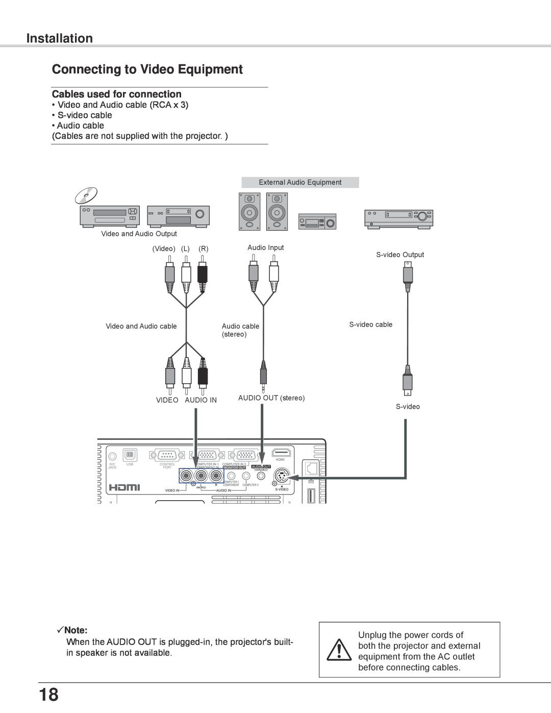 Sanyo PLC-WXU700 owner manual Installation Connecting to Video Equipment, Cables used for connection, Note 