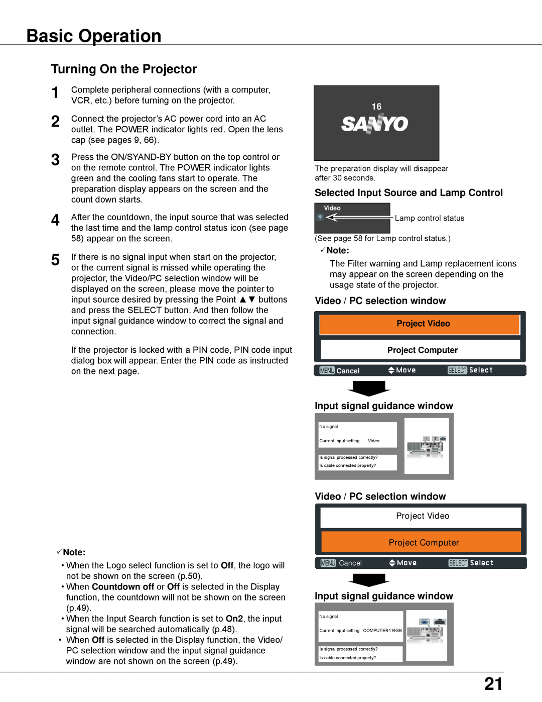 Sanyo PLC-WXU700 owner manual Basic Operation, Turning On the Projector, Selected Input Source and Lamp Control, Note 