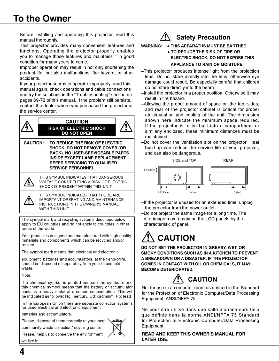 Sanyo PLC-WXU700 owner manual To the Owner, Safety Precaution, Risk Of Electric Shock Do Not Open 