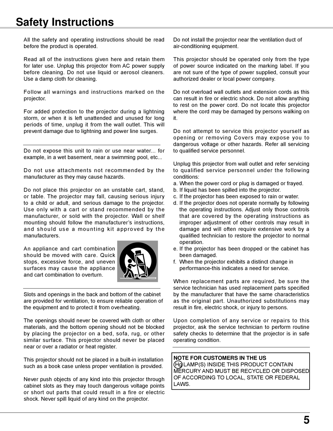 Sanyo PLC-WXU700 owner manual Safety Instructions, Note For Customers In The Us 