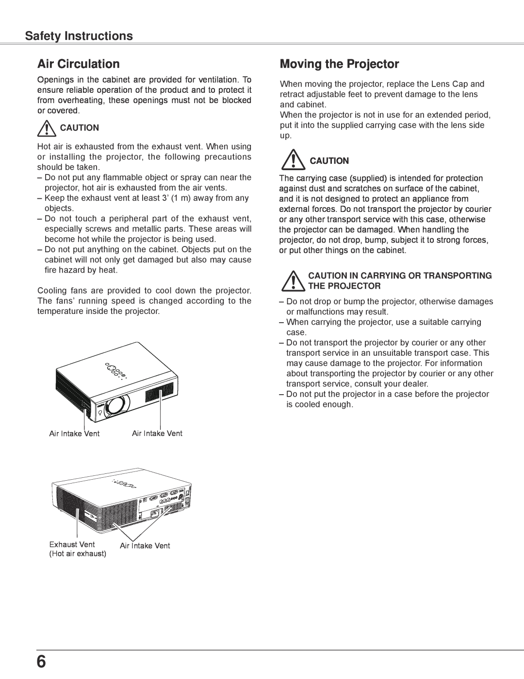 Sanyo PLC-WXU700 owner manual Safety Instructions Air Circulation, Moving the Projector 