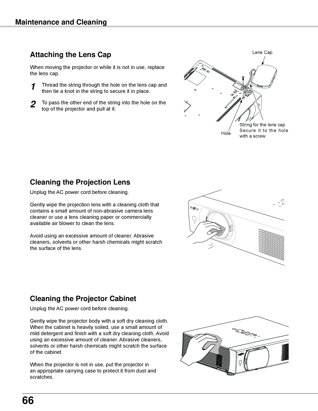 Sanyo PLC-WXU700 owner manual Maintenance and Cleaning Attaching the Lens Cap, Cleaning the Projection Lens, with a screw 