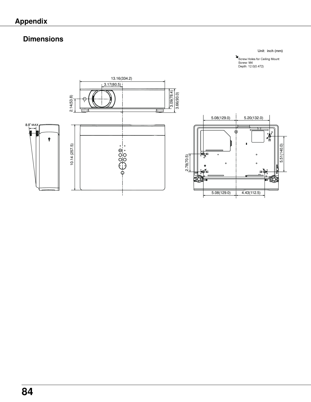 Sanyo PLC-WXU700 owner manual Appendix Dimensions, Unit inch mm 