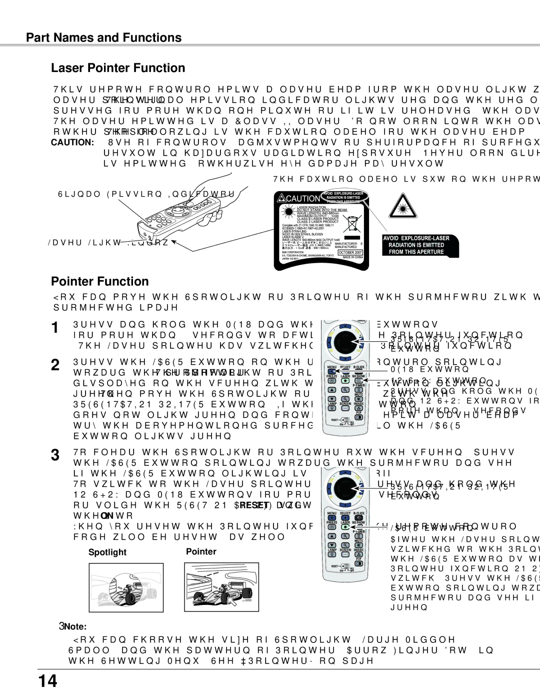 Sanyo PLC-WXU700 owner manual Part Names and Functions Laser Pointer Function, Spotlight 