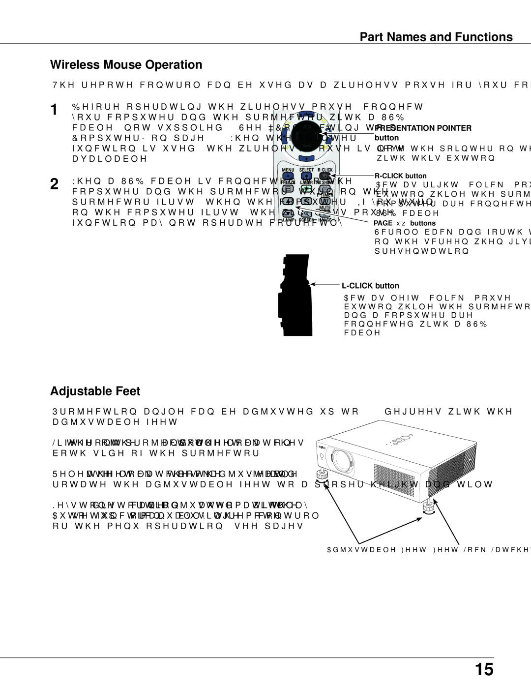 Sanyo PLC-WXU700 owner manual Part Names and Functions Wireless Mouse Operation, Adjustable Feet, Button, Click button 