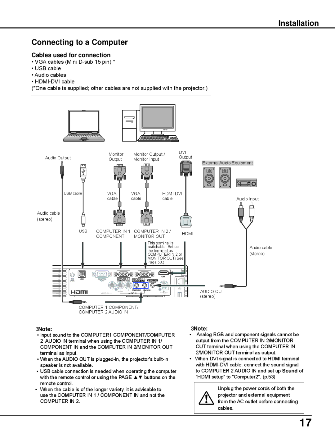 Sanyo PLC-WXU700 owner manual Installation Connecting to a Computer, Cables used for connection 