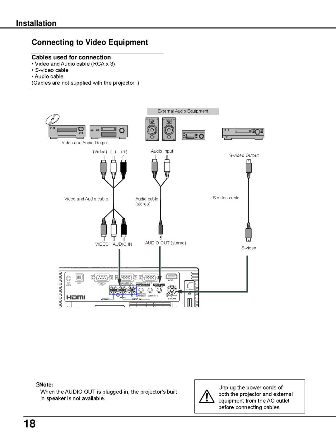 Sanyo PLC-WXU700 owner manual Installation Connecting to Video Equipment 