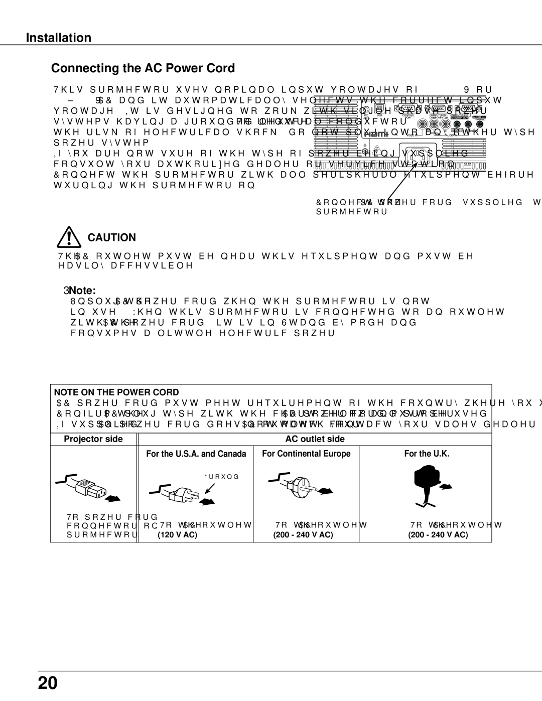 Sanyo PLC-WXU700 Installation Connecting the AC Power Cord, Projector side AC outlet side, For the U..S..A.. and Canada 