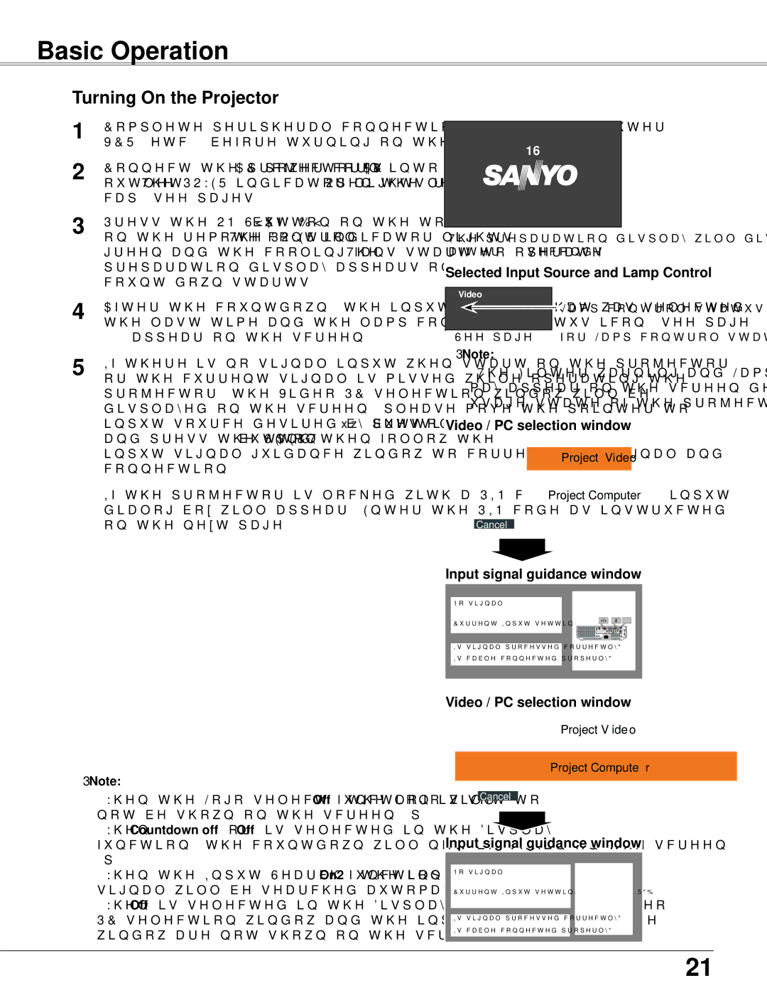 Sanyo PLC-WXU700 owner manual Basic Operation, Turning On the Projector, Selected Input Source and Lamp Control 