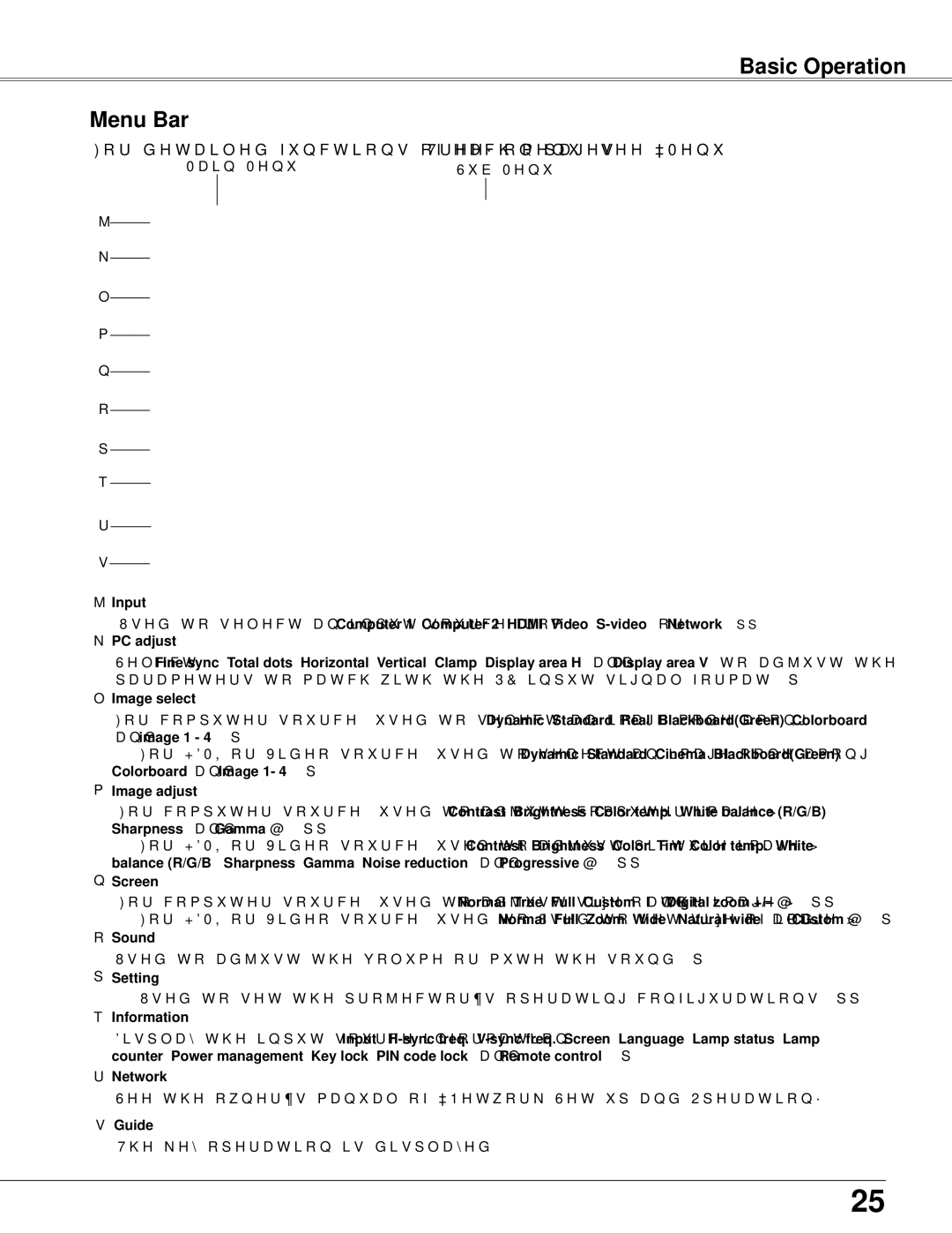 Sanyo PLC-WXU700 owner manual Basic Operation Menu Bar 