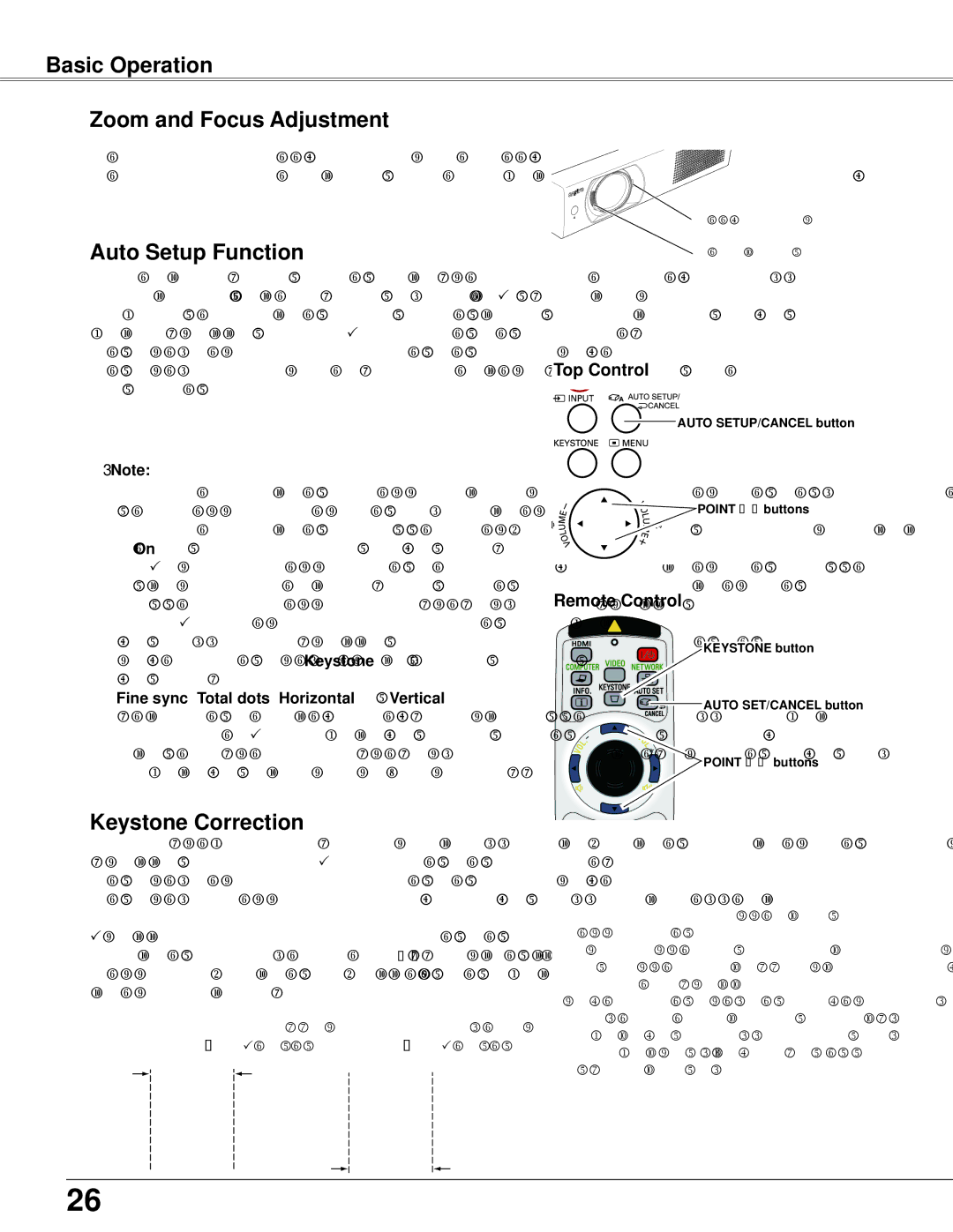 Sanyo PLC-WXU700 owner manual Basic Operation Zoom and Focus Adjustment, Auto Setup Function, Keystone Correction 