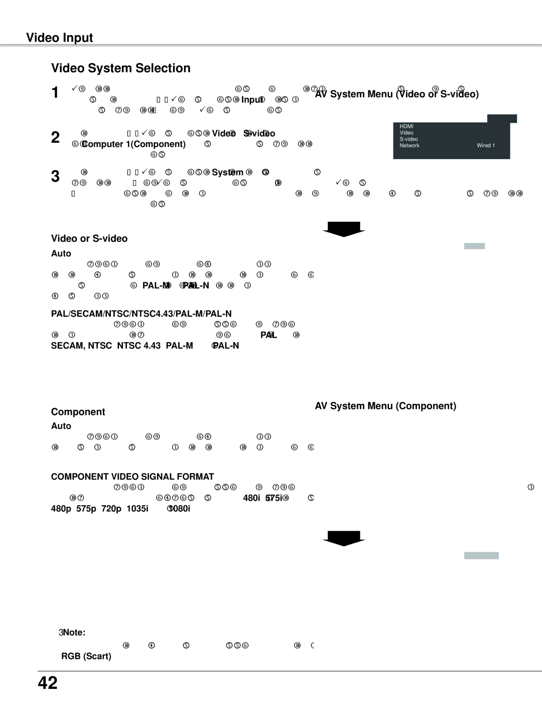Sanyo PLC-WXU700 owner manual Video Input Video System Selection, AV System Menu Video or S-video, Component 