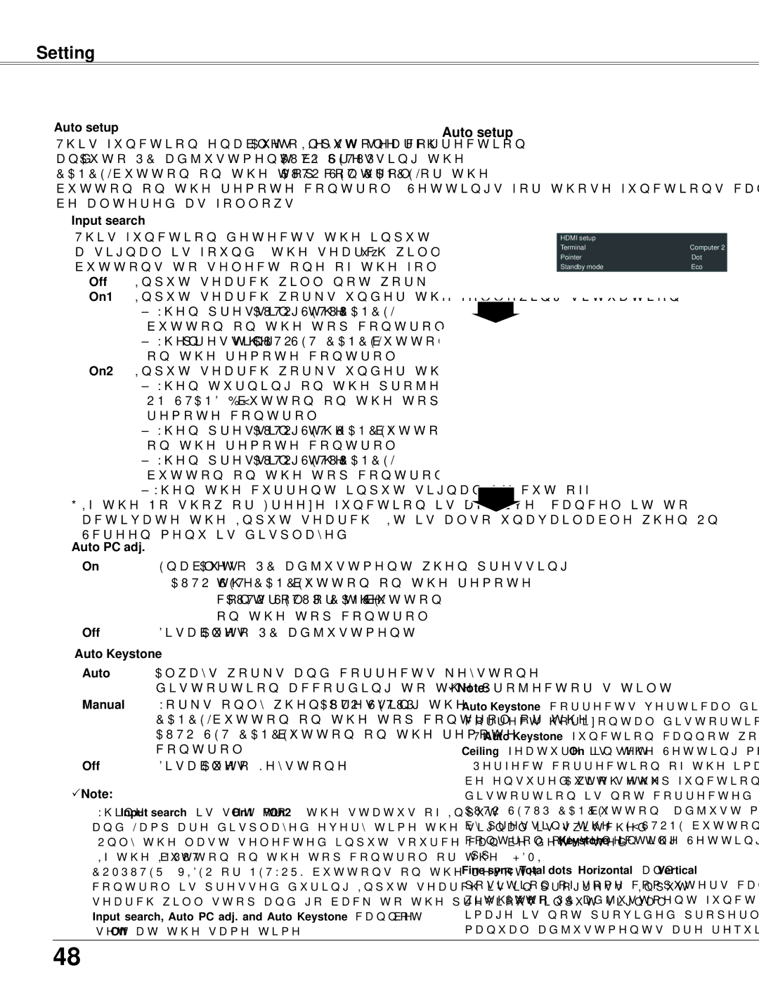 Sanyo PLC-WXU700 owner manual Auto setup, Input search, Auto Keystone 