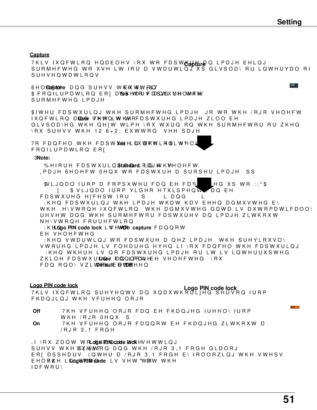 Sanyo PLC-WXU700 owner manual Capture, Logo PIN code lock 