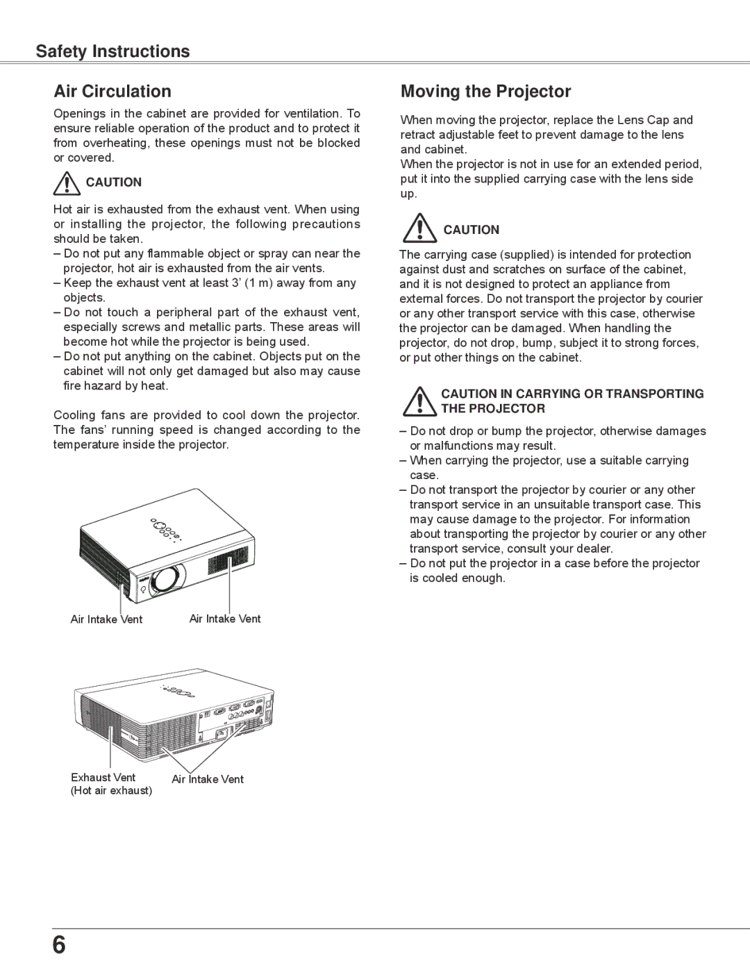 Sanyo PLC-WXU700 owner manual Safety Instructions Air Circulation, Moving the Projector 