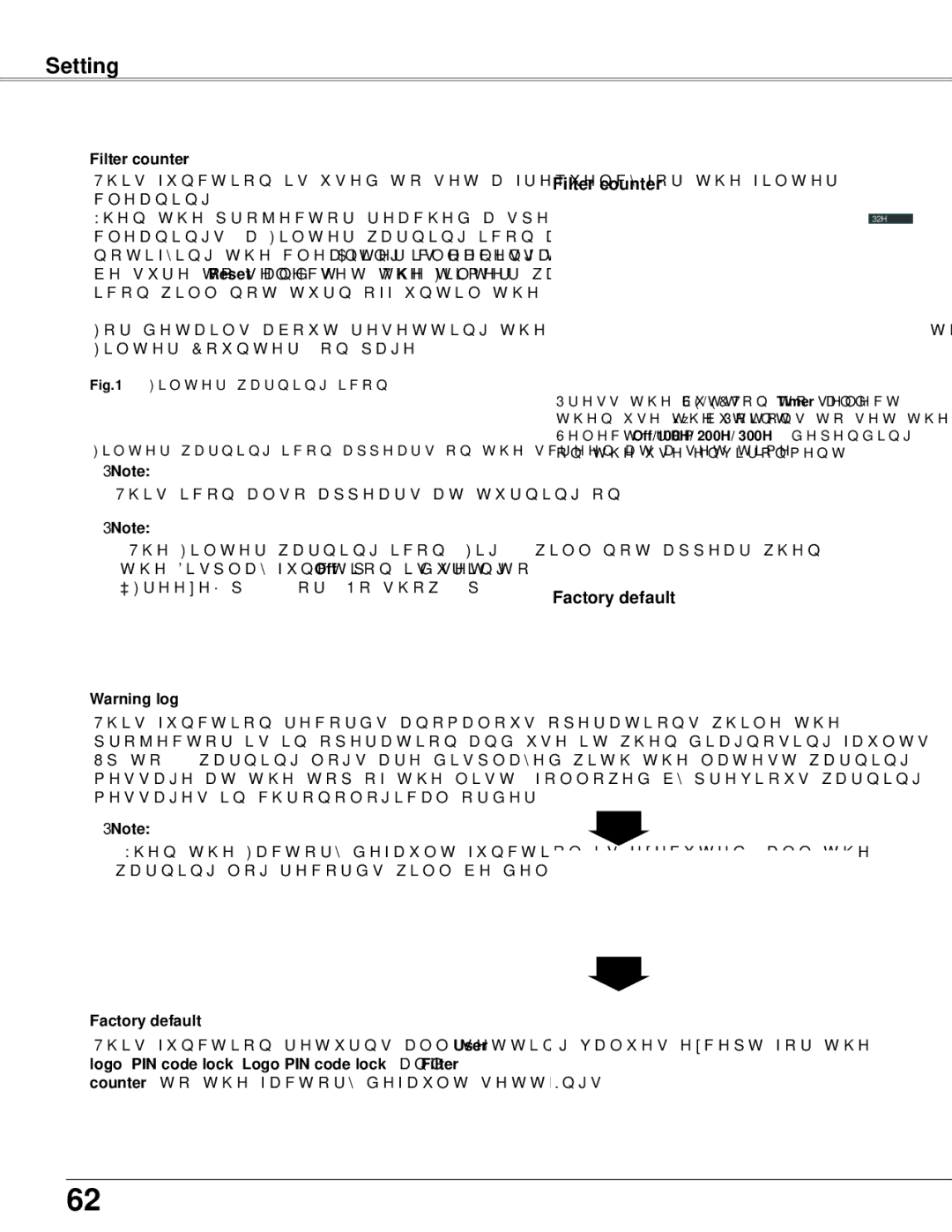 Sanyo PLC-WXU700 owner manual Filter counter, Factory default 