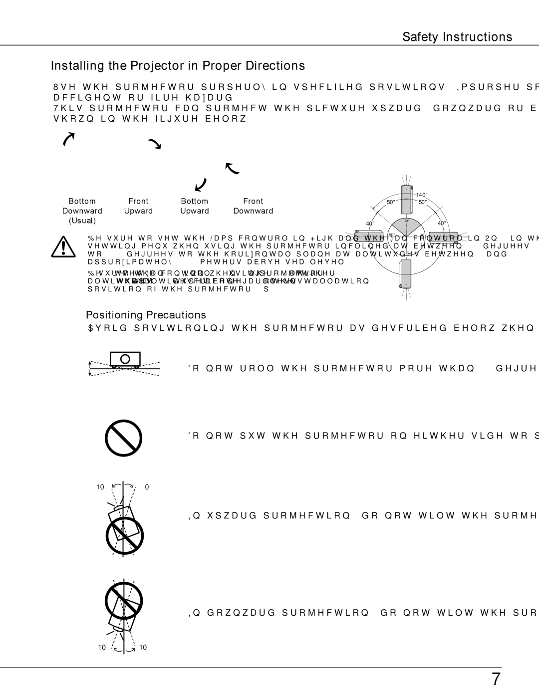 Sanyo PLC-WXU700 owner manual Positioning Precautions, Bottom Front Downward Upward Usual 