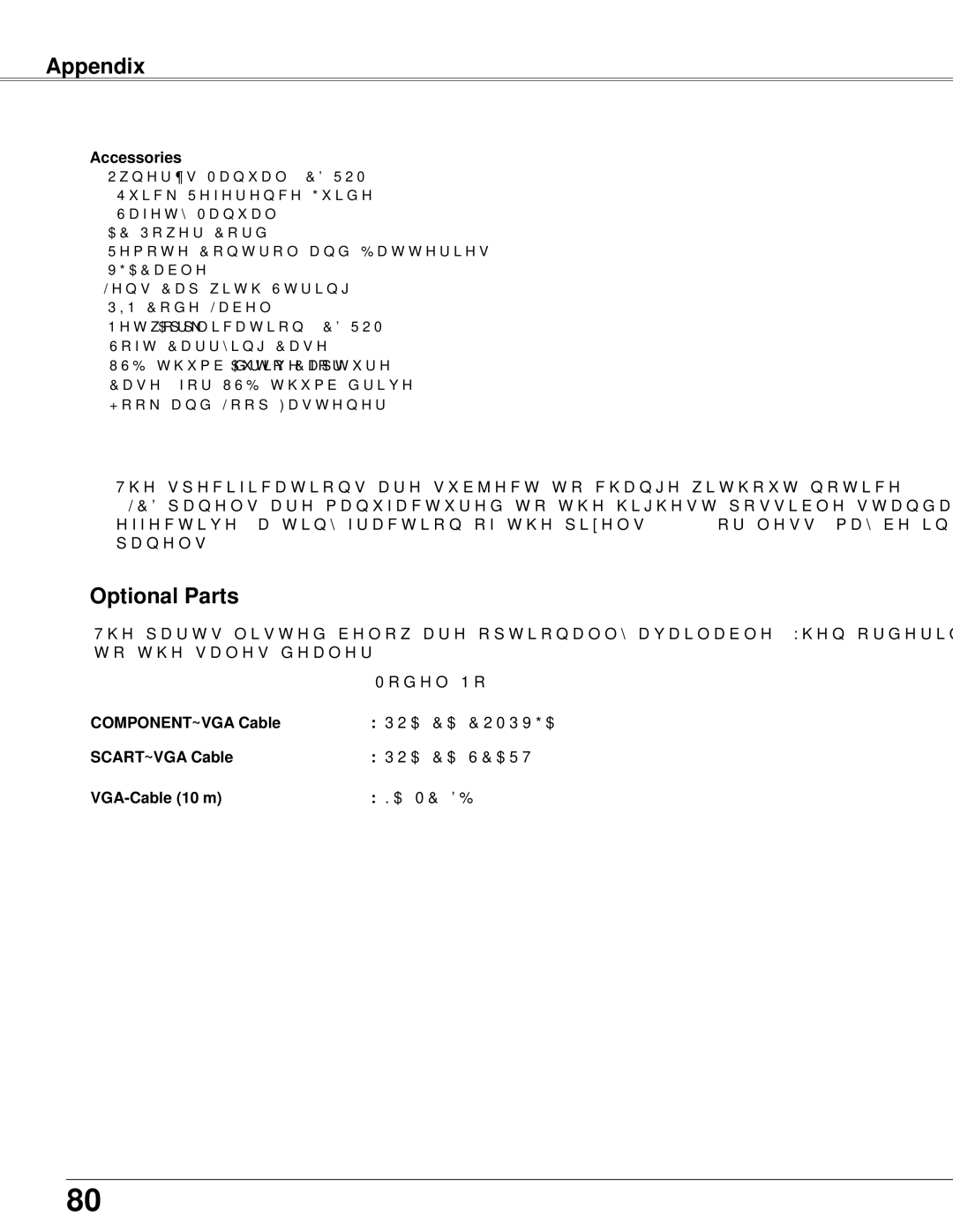 Sanyo PLC-WXU700 owner manual Optional Parts 