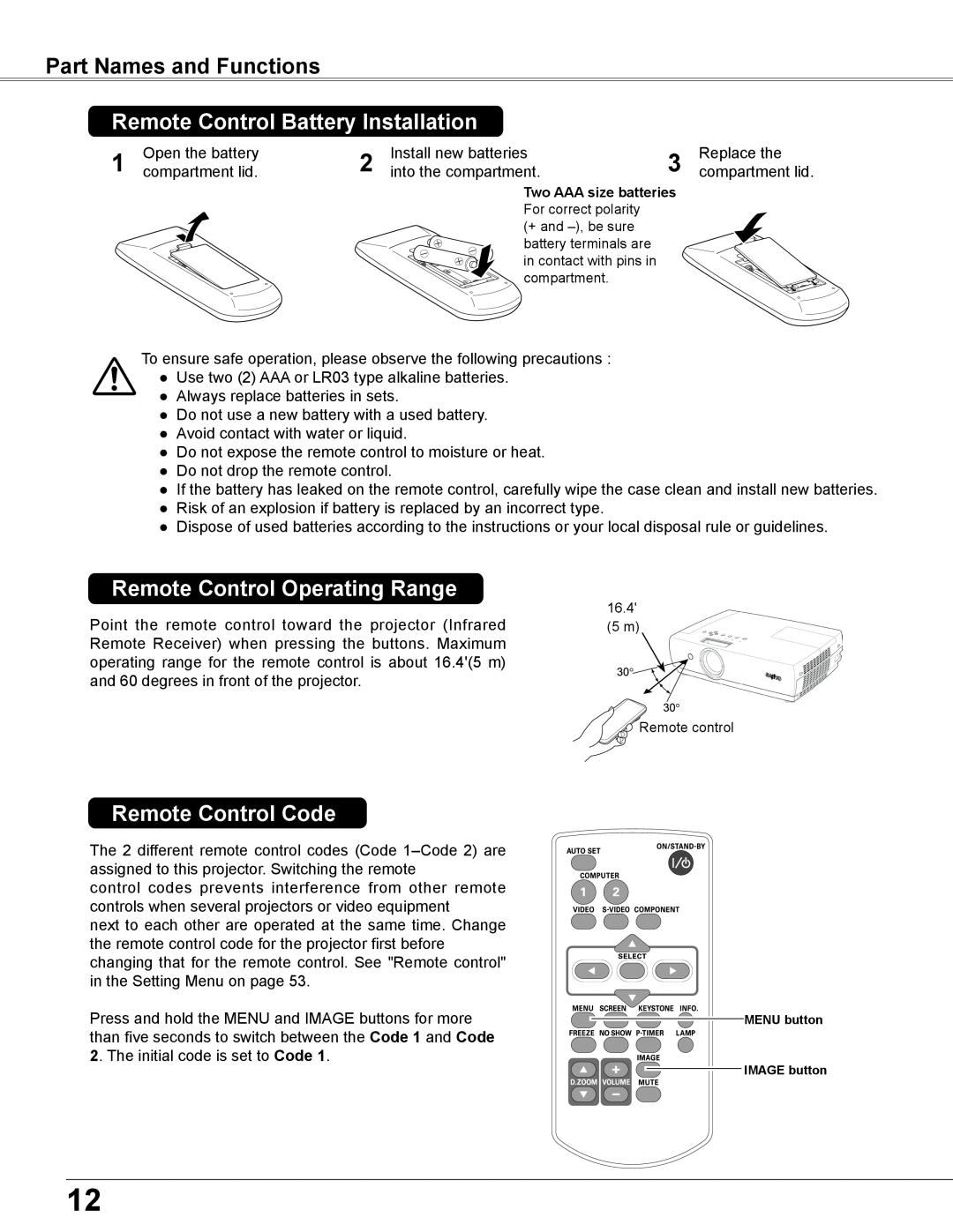 Sanyo PLC-XC56 owner manual Remote Control Battery Installation, Remote Control Operating Range, Remote Control Code 