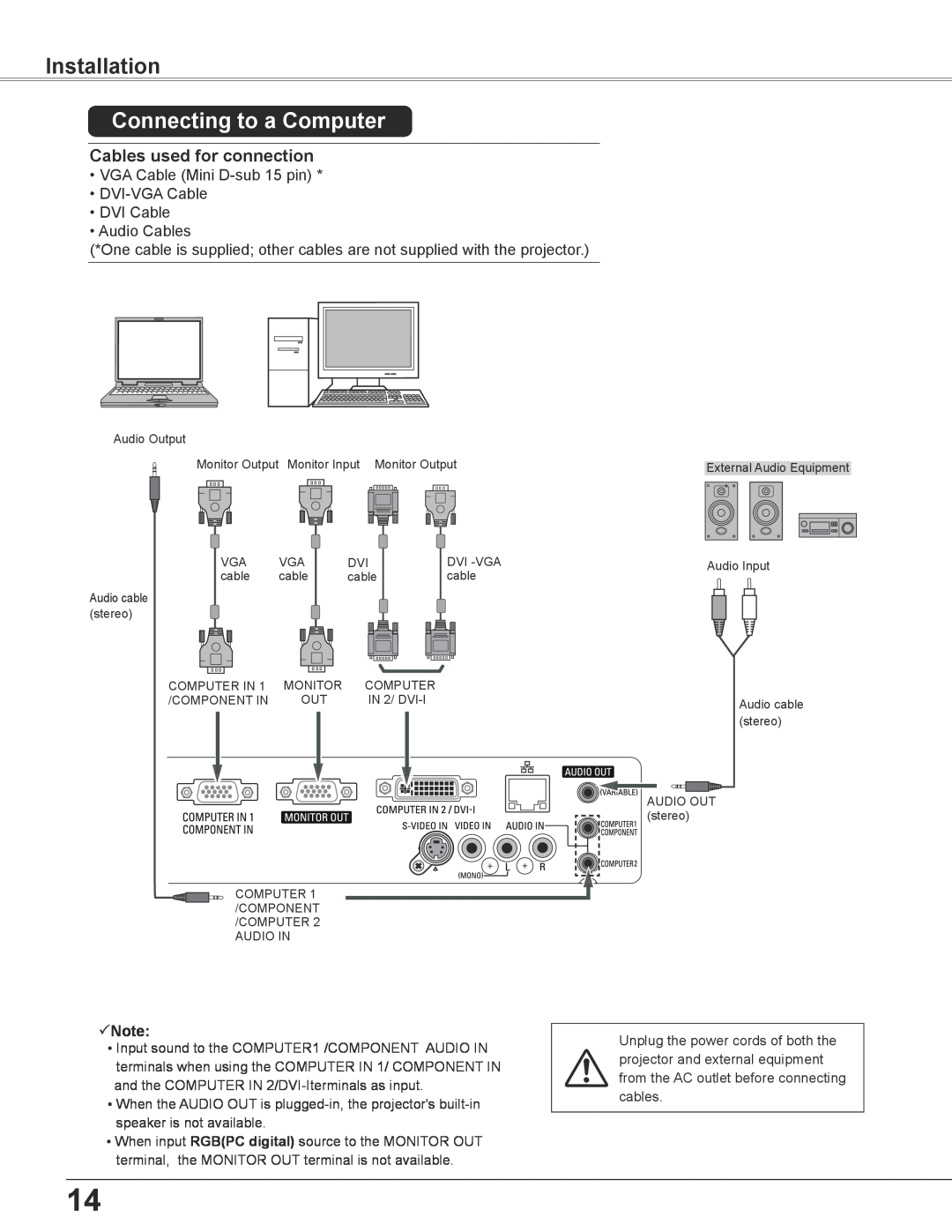 Sanyo PLC-XC56 owner manual Installation, Connecting to a Computer, Note 