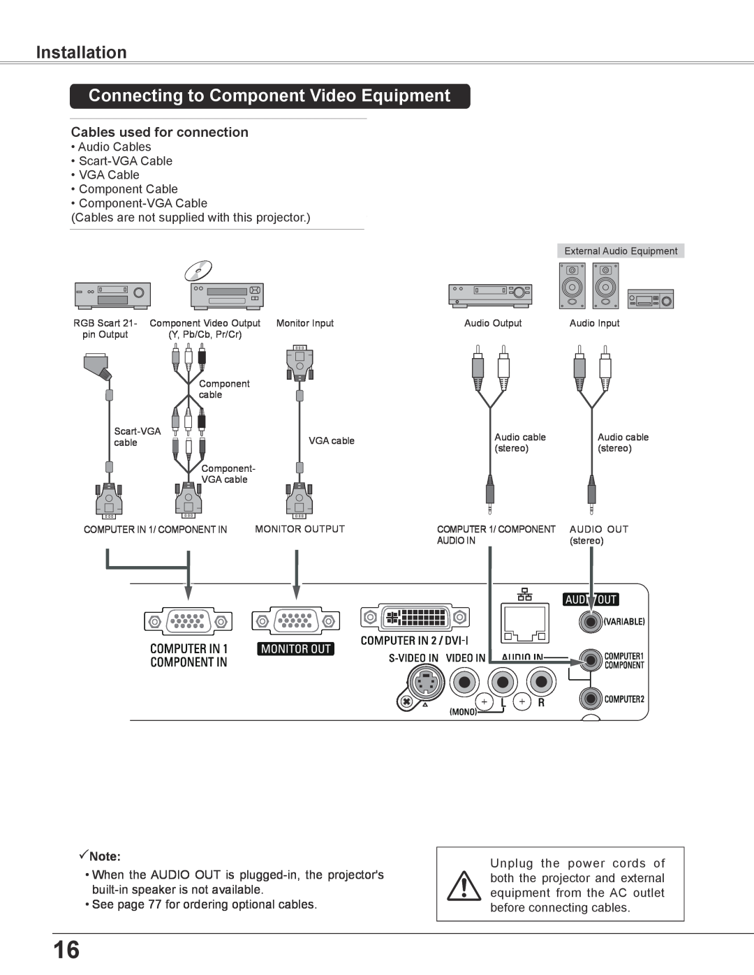 Sanyo PLC-XC56 owner manual Connecting to Component Video Equipment, Installation, Note 