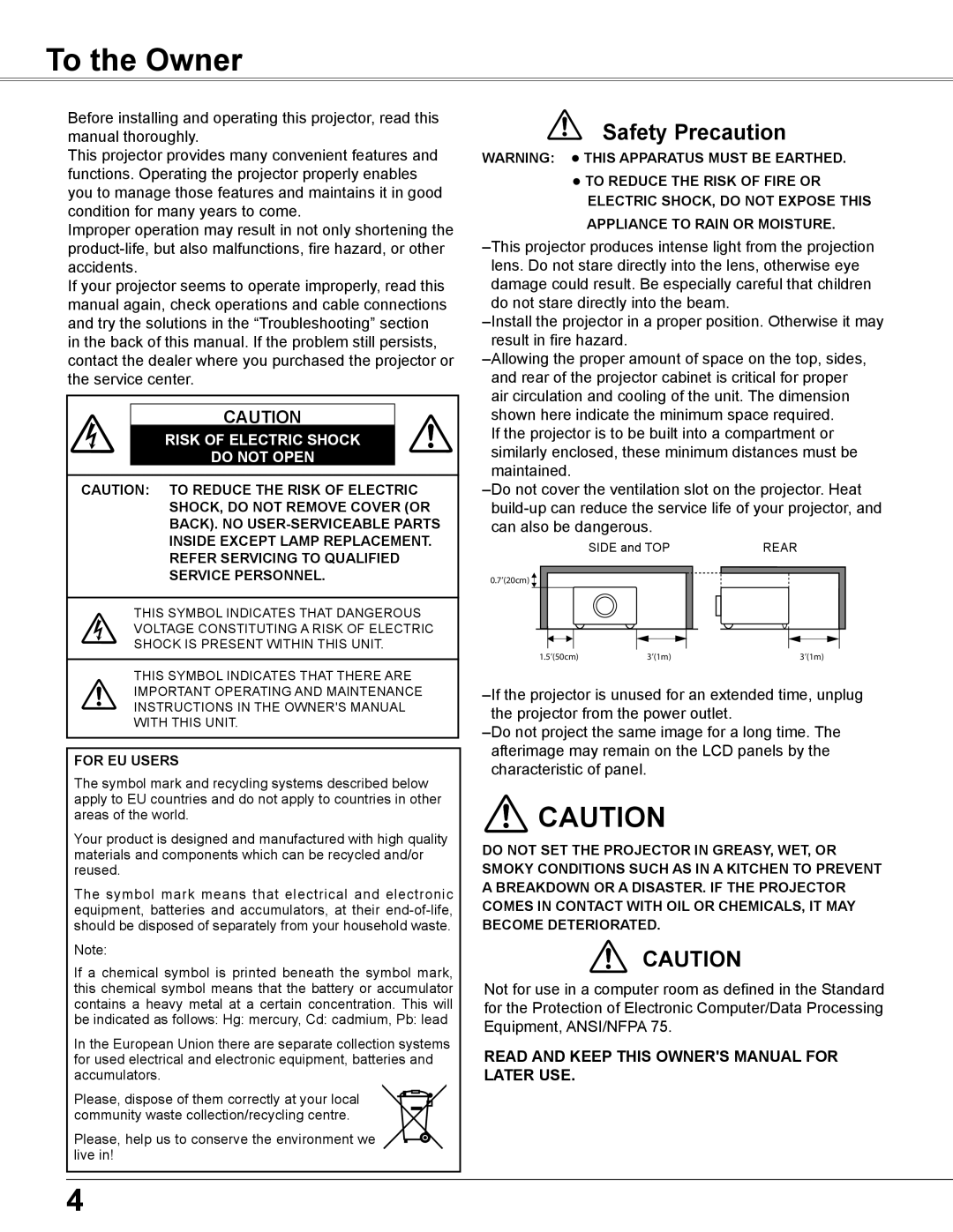 Sanyo PLC-XC56 owner manual To the Owner, Safety Precaution, Risk Of Electric Shock Do Not Open 