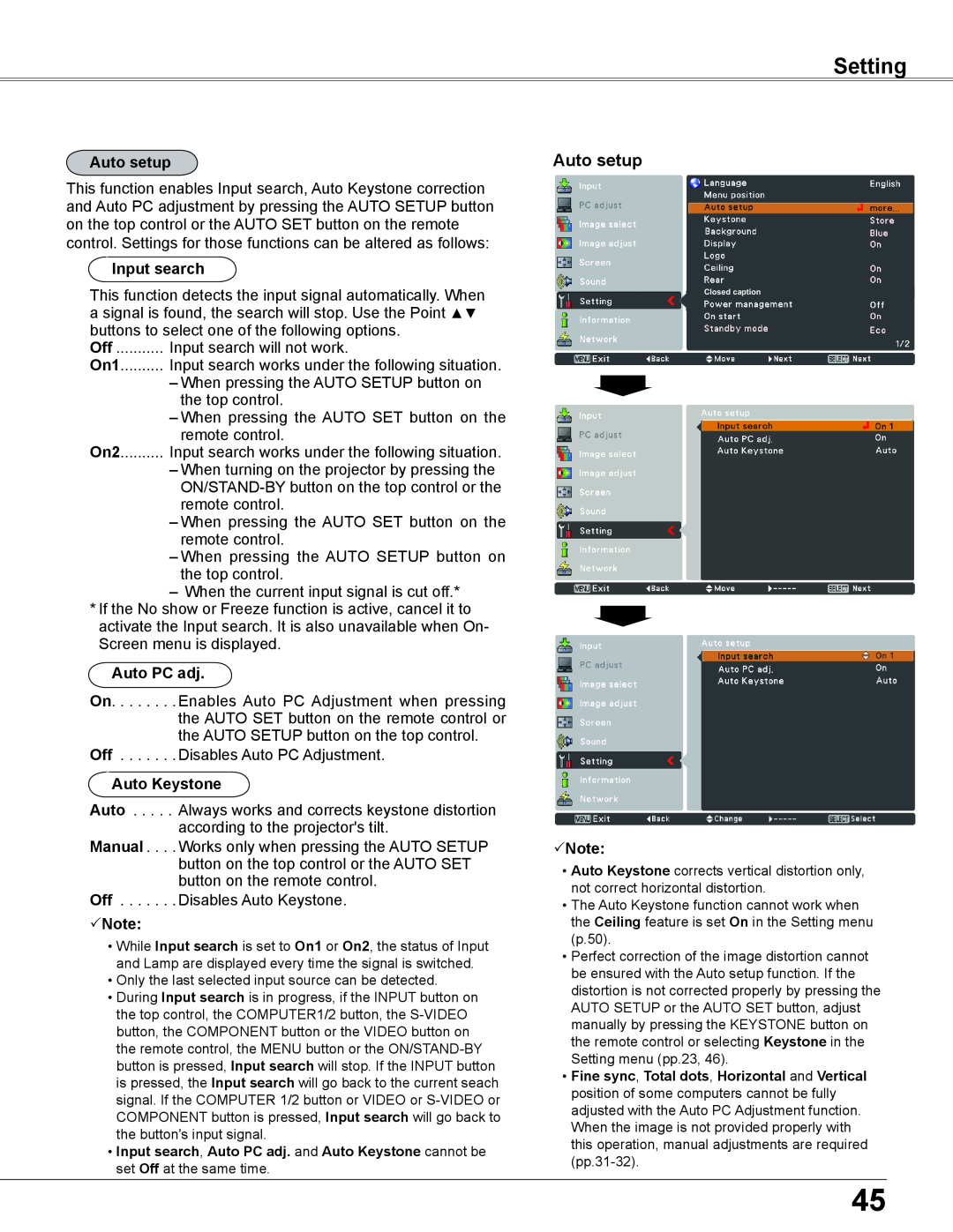 Sanyo PLC-XC56 owner manual Setting, Auto setup, Input search, Auto PC adj, Auto Keystone, Note 