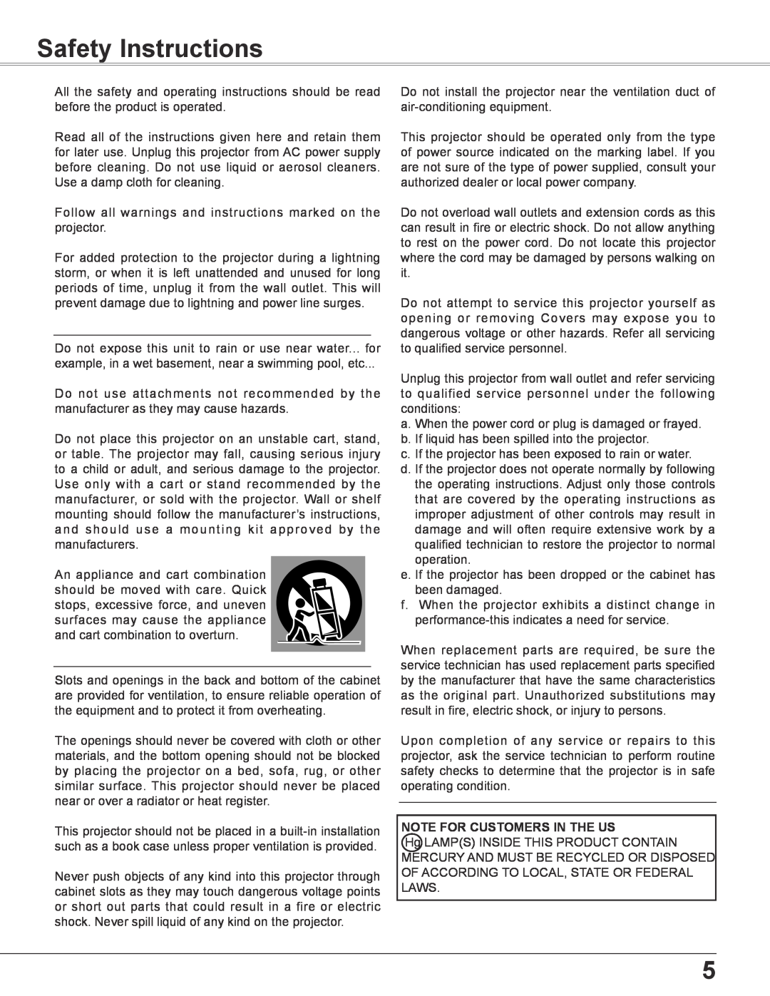 Sanyo PLC-XC56 owner manual Safety Instructions, Note For Customers In The Us 