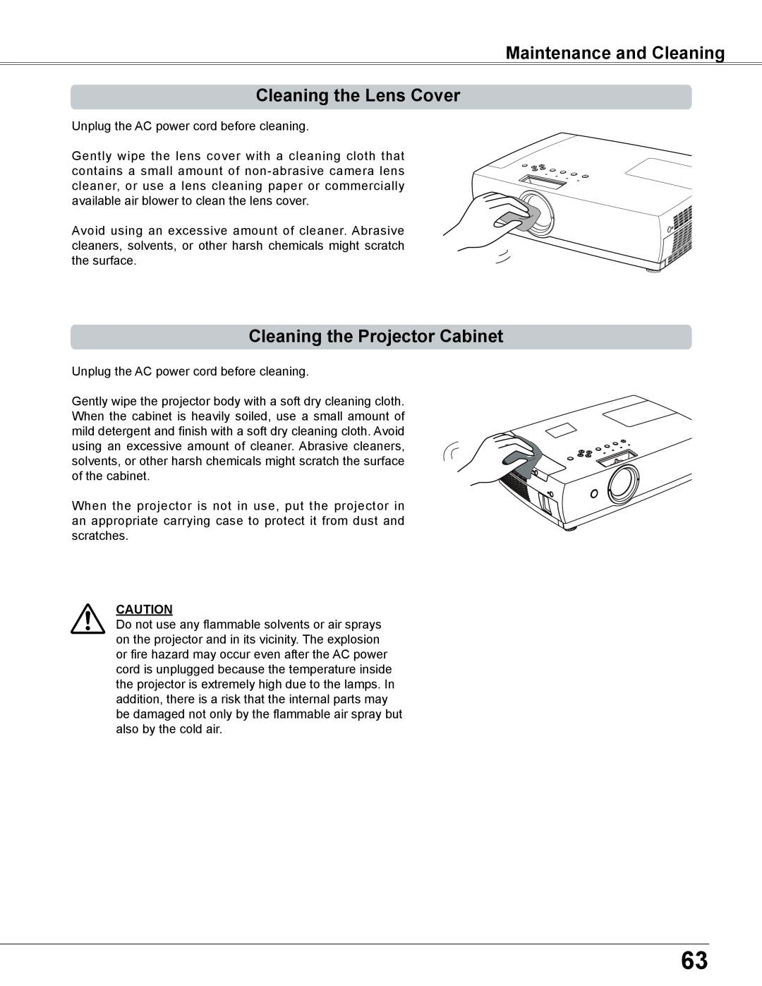 Sanyo PLC-XC56 owner manual Maintenance and Cleaning Cleaning the Lens Cover, Cleaning the Projector Cabinet 
