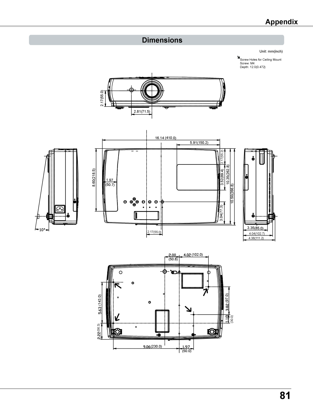 Sanyo PLC-XC56 owner manual Dimensions, Appendix, 2.1755.0 