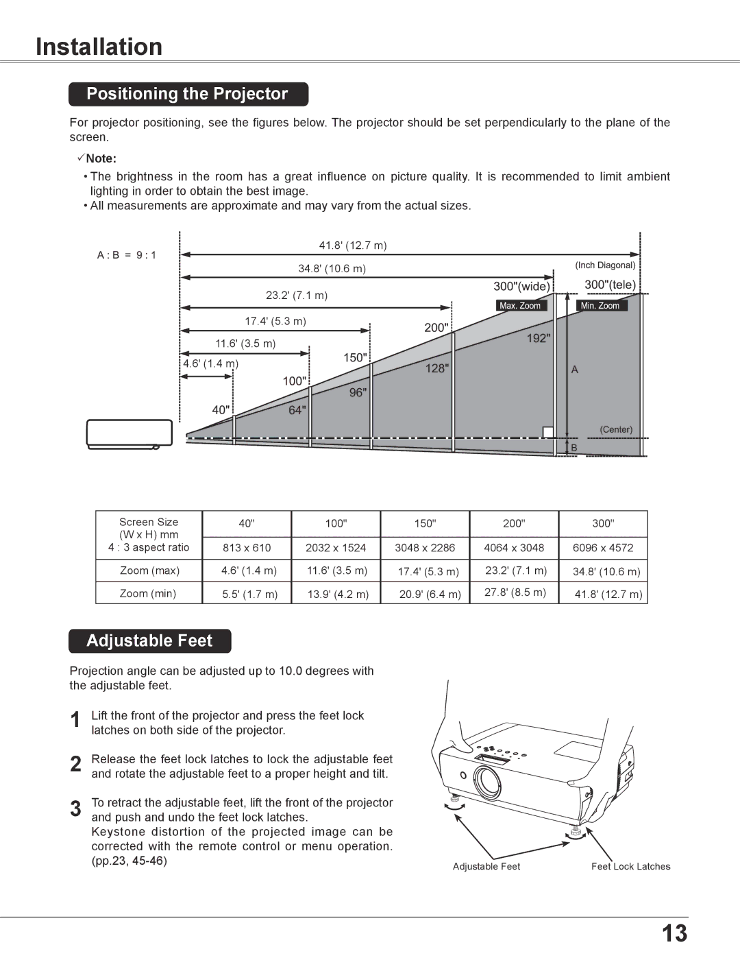 Sanyo PLC-XC56 owner manual Installation, Positioning the Projector, Adjustable Feet 