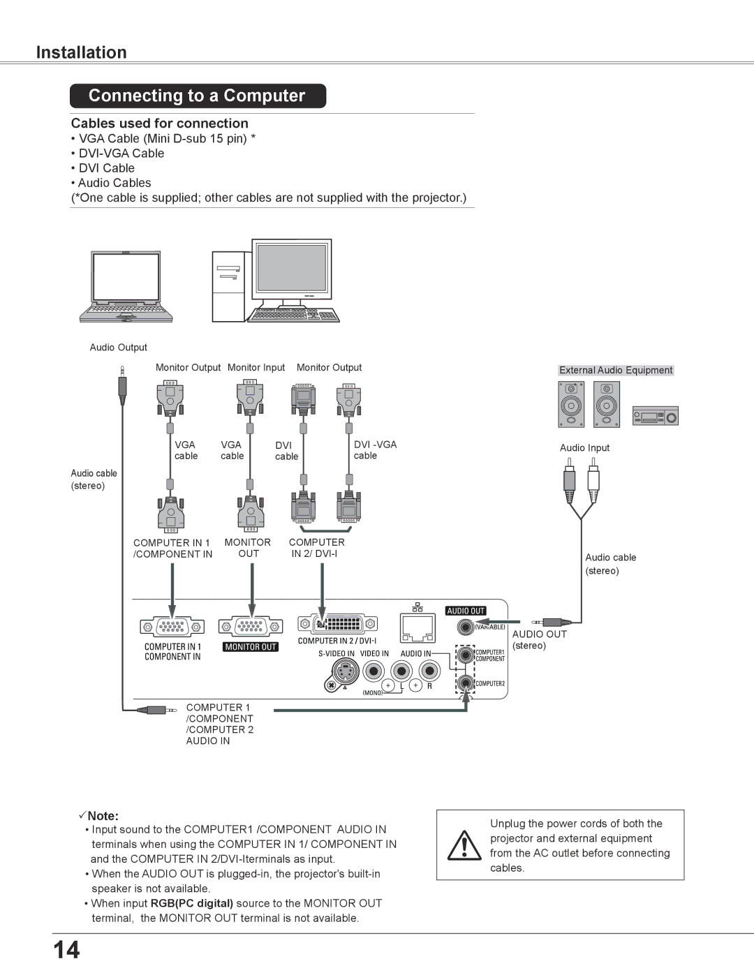 Sanyo PLC-XC56 owner manual Installation, Connecting to a Computer, Cables used for connection 