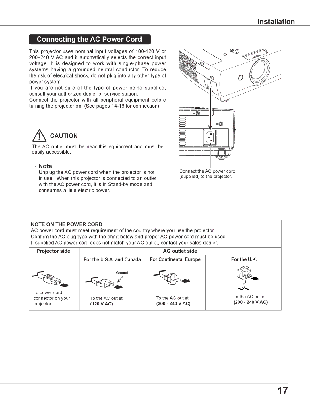 Sanyo PLC-XC56 Connecting the AC Power Cord, Projector side AC outlet side, For Continental Europe For the U..K 