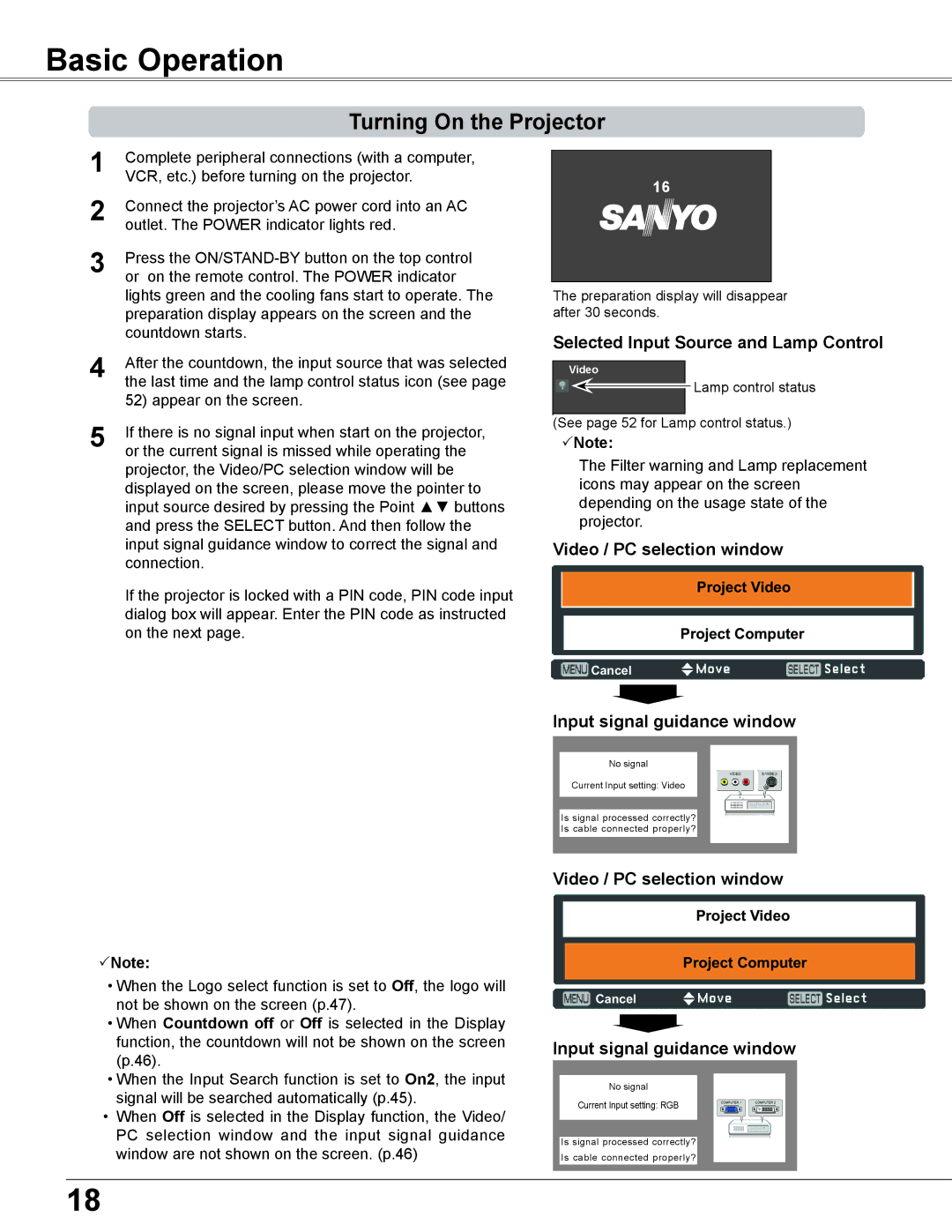 Sanyo PLC-XC56 owner manual Basic Operation, Turning On the Projector, Selected Input Source and Lamp Control 