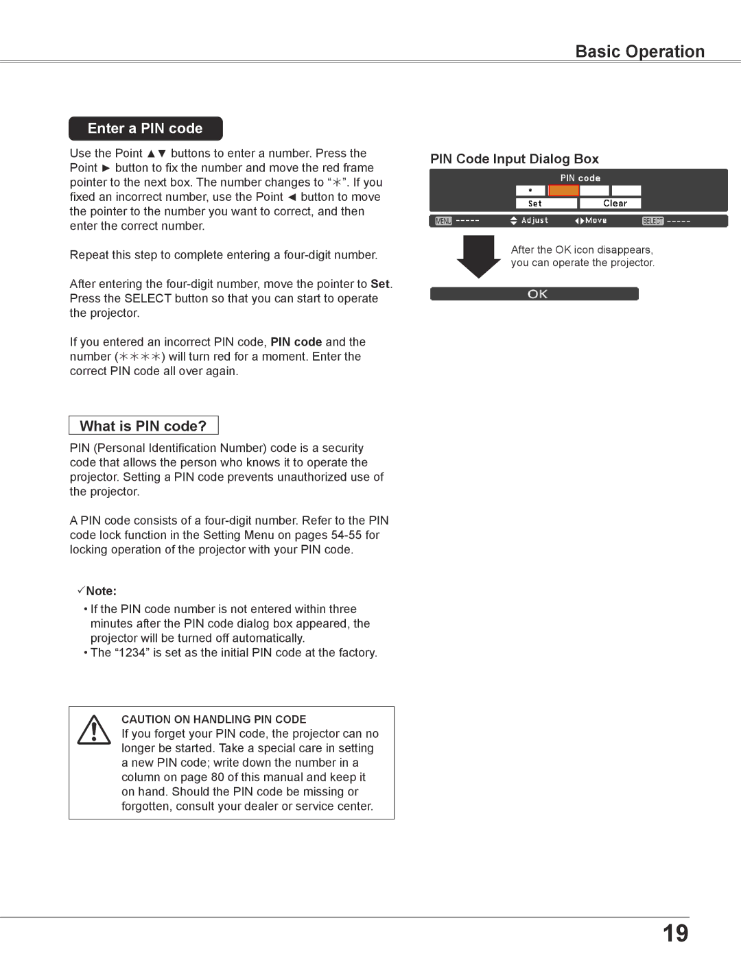 Sanyo PLC-XC56 owner manual Basic Operation, PIN Code Input Dialog Box 