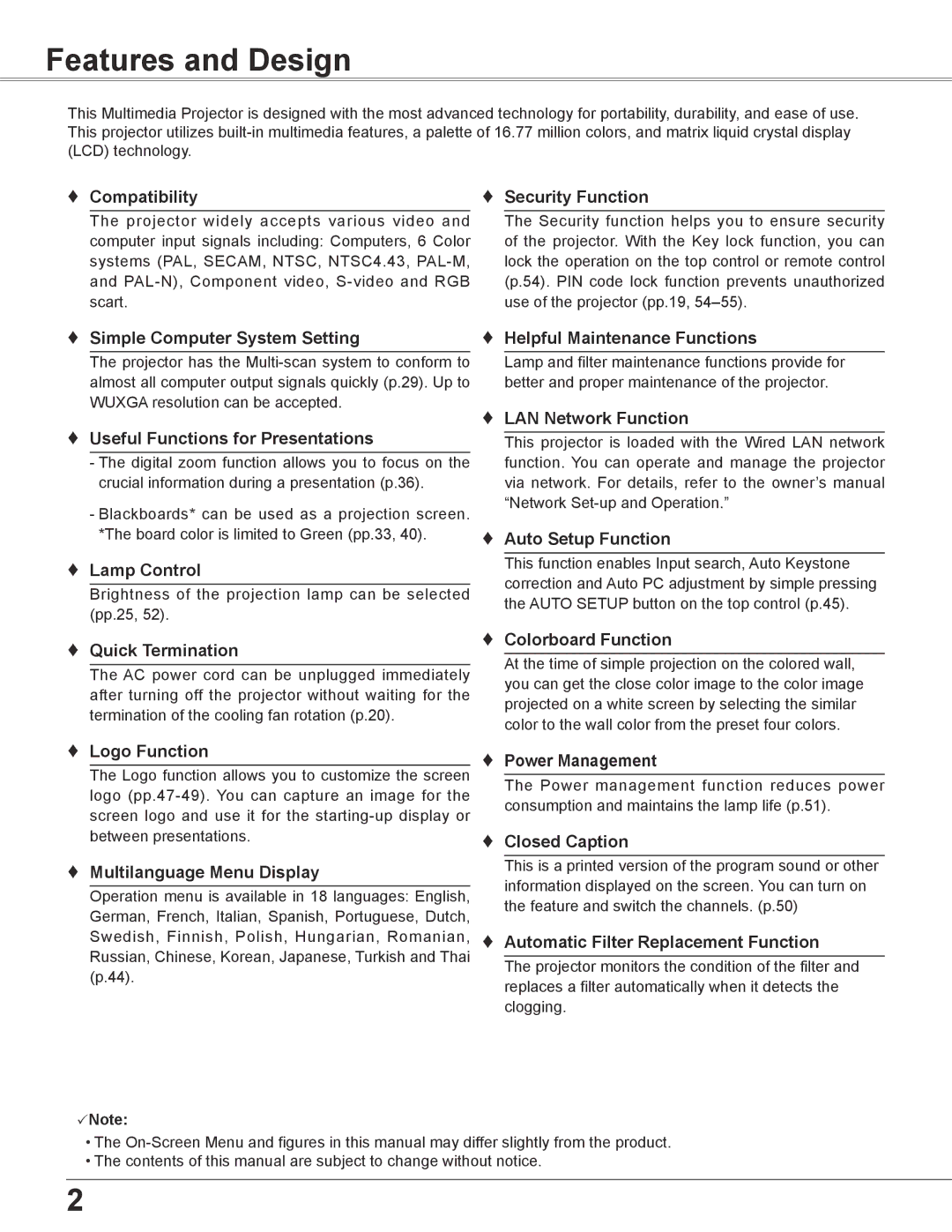 Sanyo PLC-XC56 owner manual Features and Design 