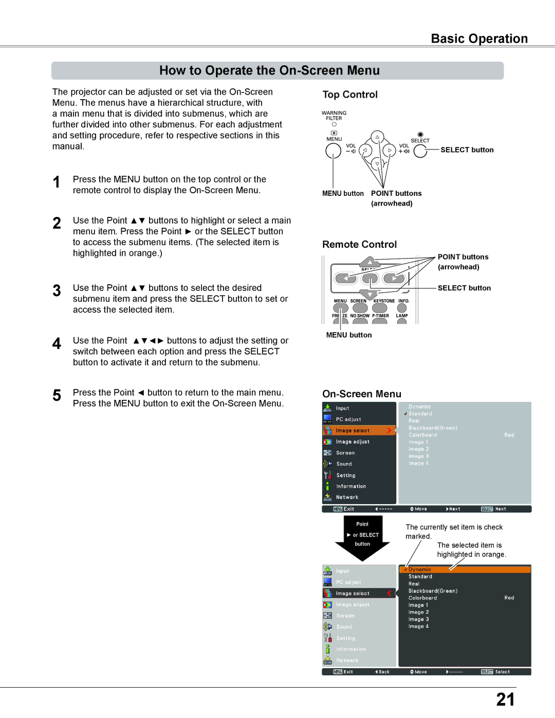 Sanyo PLC-XC56 owner manual Basic Operation How to Operate the On-Screen Menu, Top Control, Remote Control 