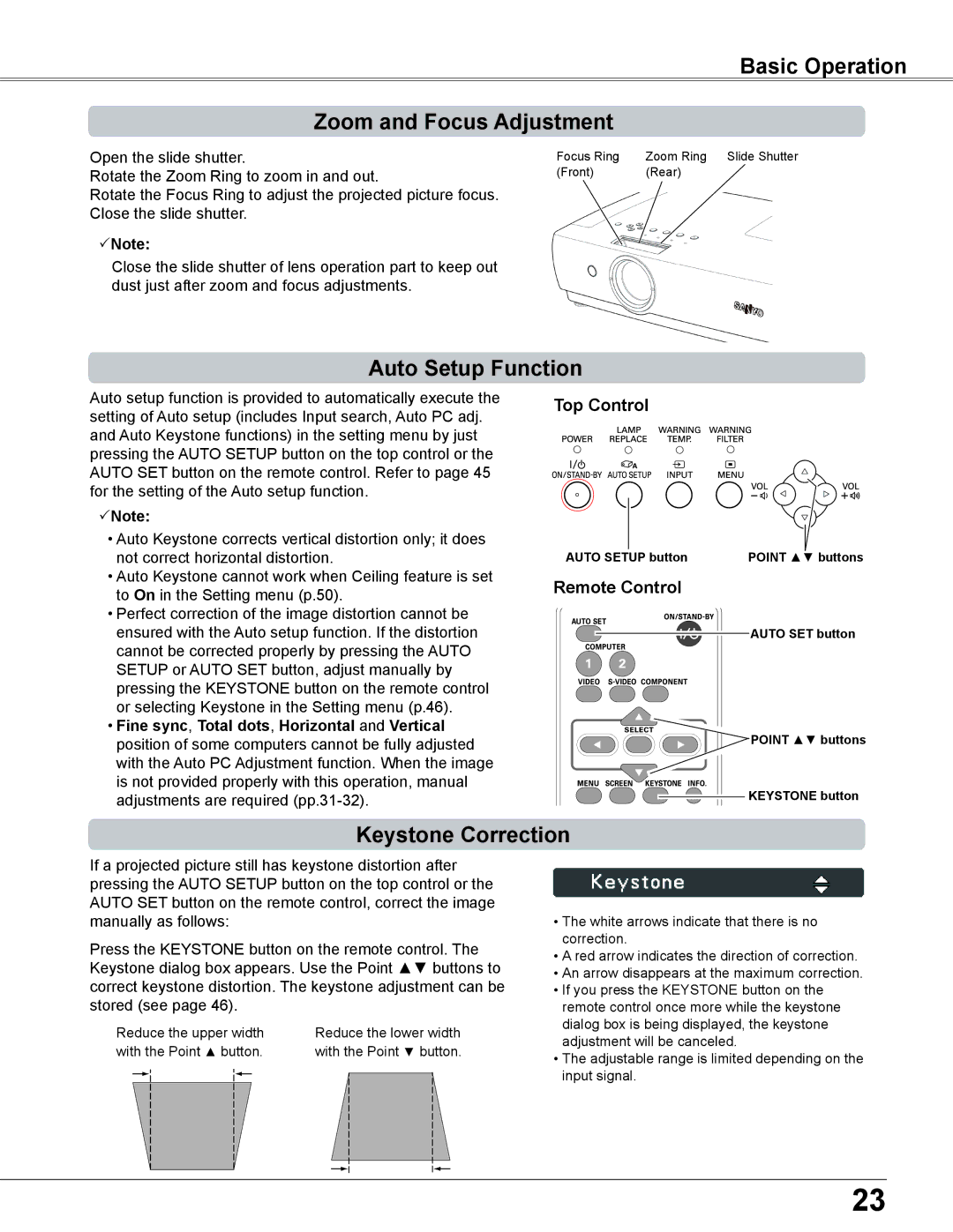 Sanyo PLC-XC56 owner manual Basic Operation Zoom and Focus Adjustment, Auto Setup Function, Keystone Correction 