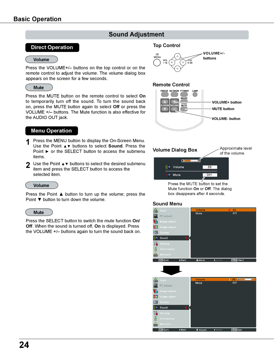 Sanyo PLC-XC56 owner manual Basic Operation Sound Adjustment, Volume Dialog Box, Sound Menu, Mute 