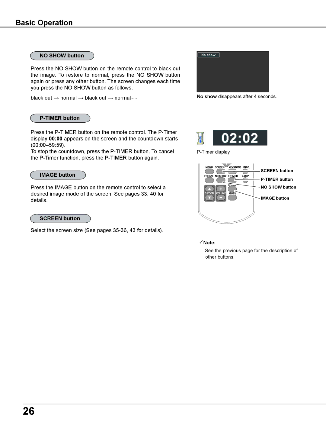 Sanyo PLC-XC56 owner manual No Show button, Timer button, Image button, Screen button 