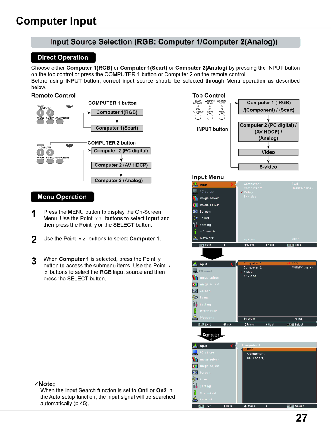 Sanyo PLC-XC56 owner manual Computer Input, Input Source Selection RGB Computer 1/Computer 2Analog, Input Menu 