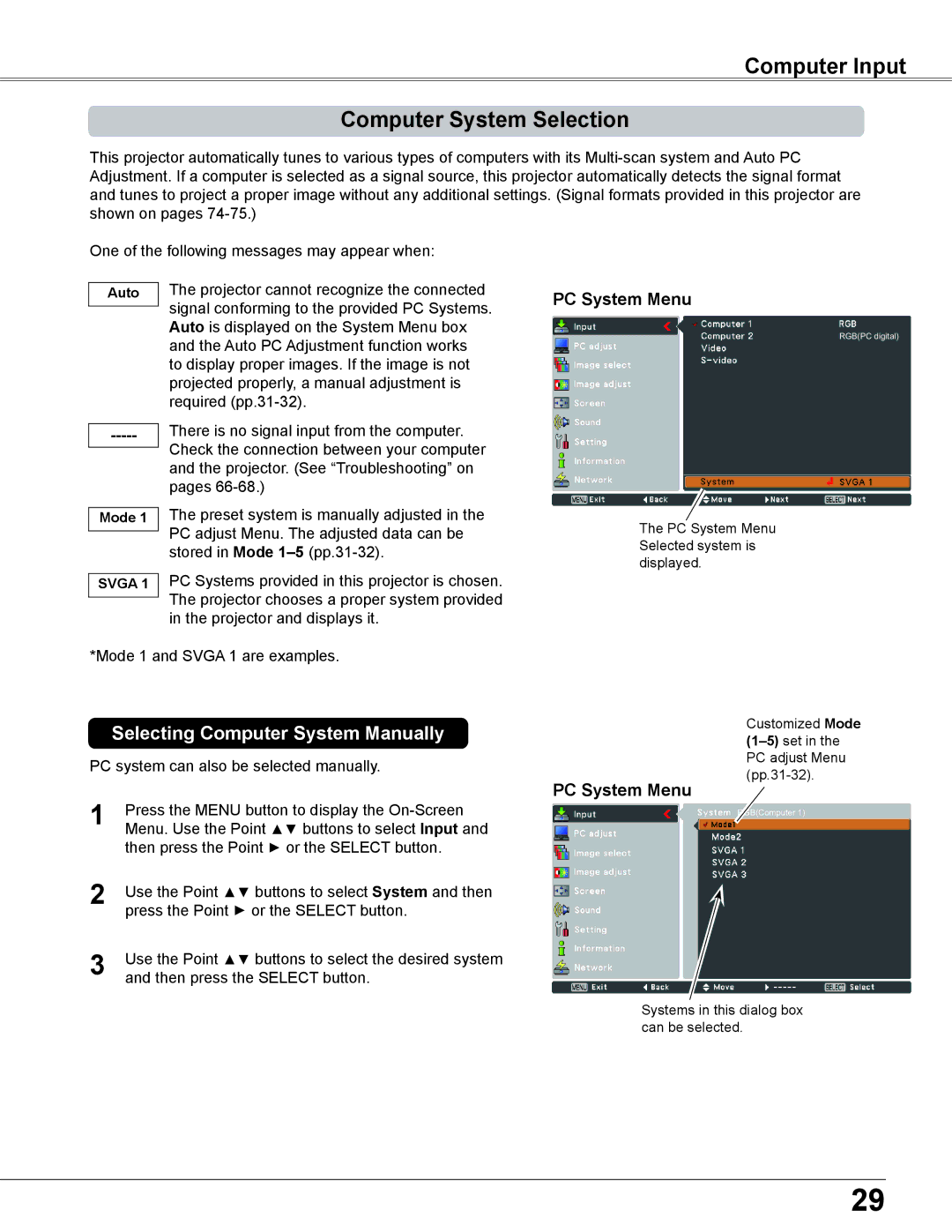 Sanyo PLC-XC56 owner manual Computer Input Computer System Selection, PC System Menu 