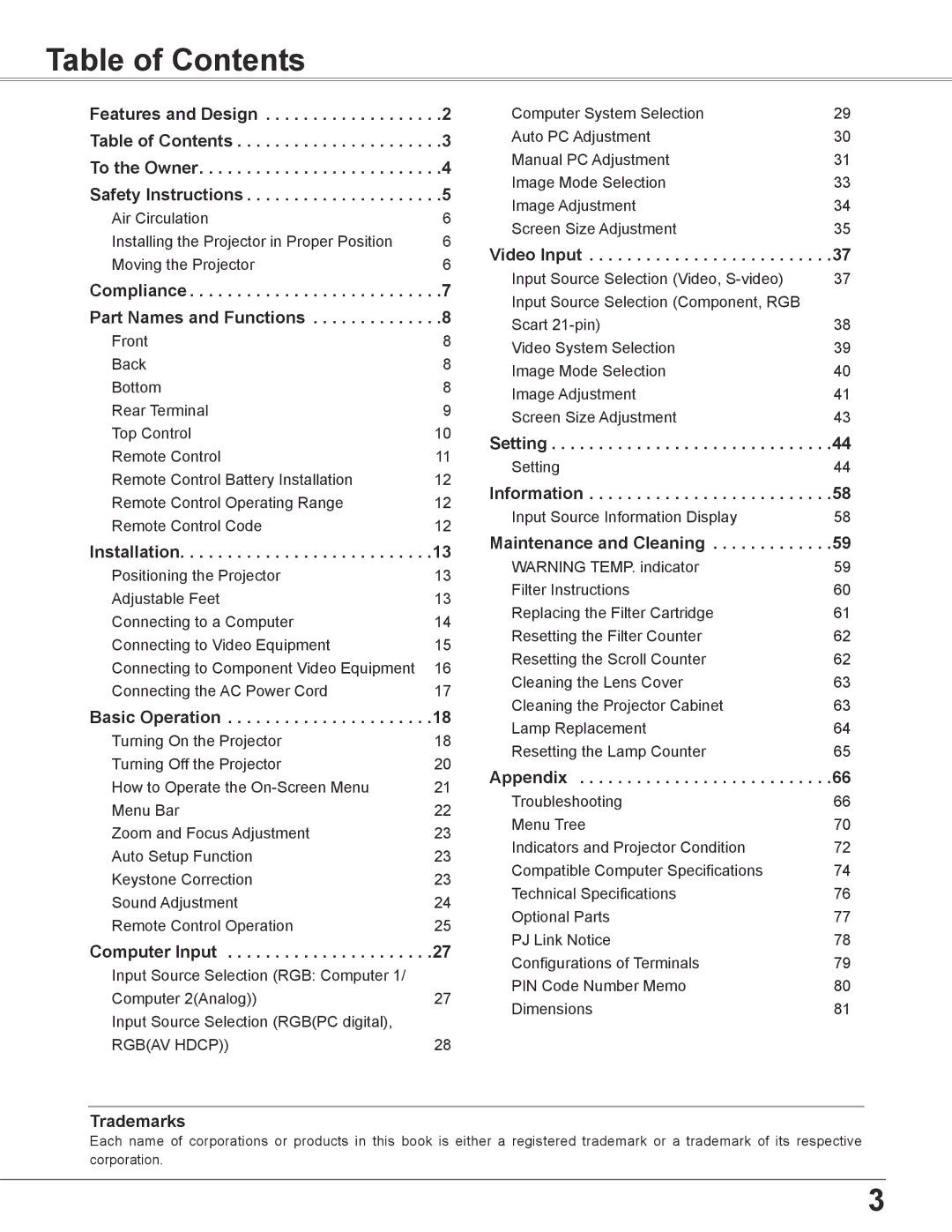 Sanyo PLC-XC56 owner manual Table of Contents 