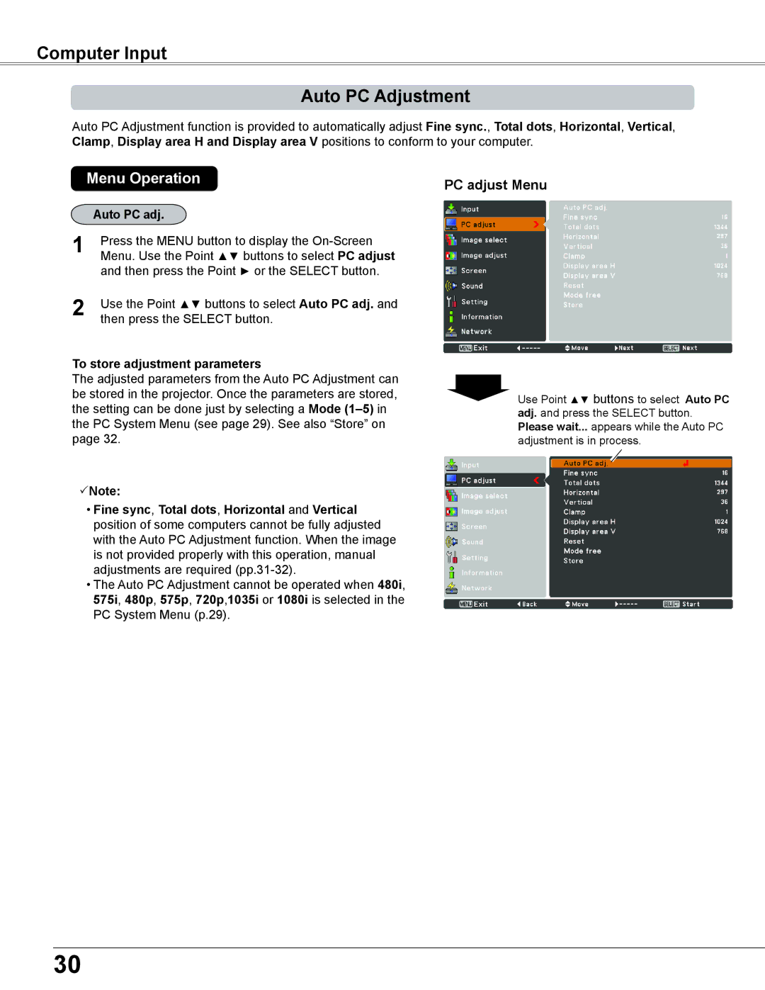 Sanyo PLC-XC56 owner manual Computer Input Auto PC Adjustment, PC adjust Menu, Auto PC adj, To store adjustment parameters 