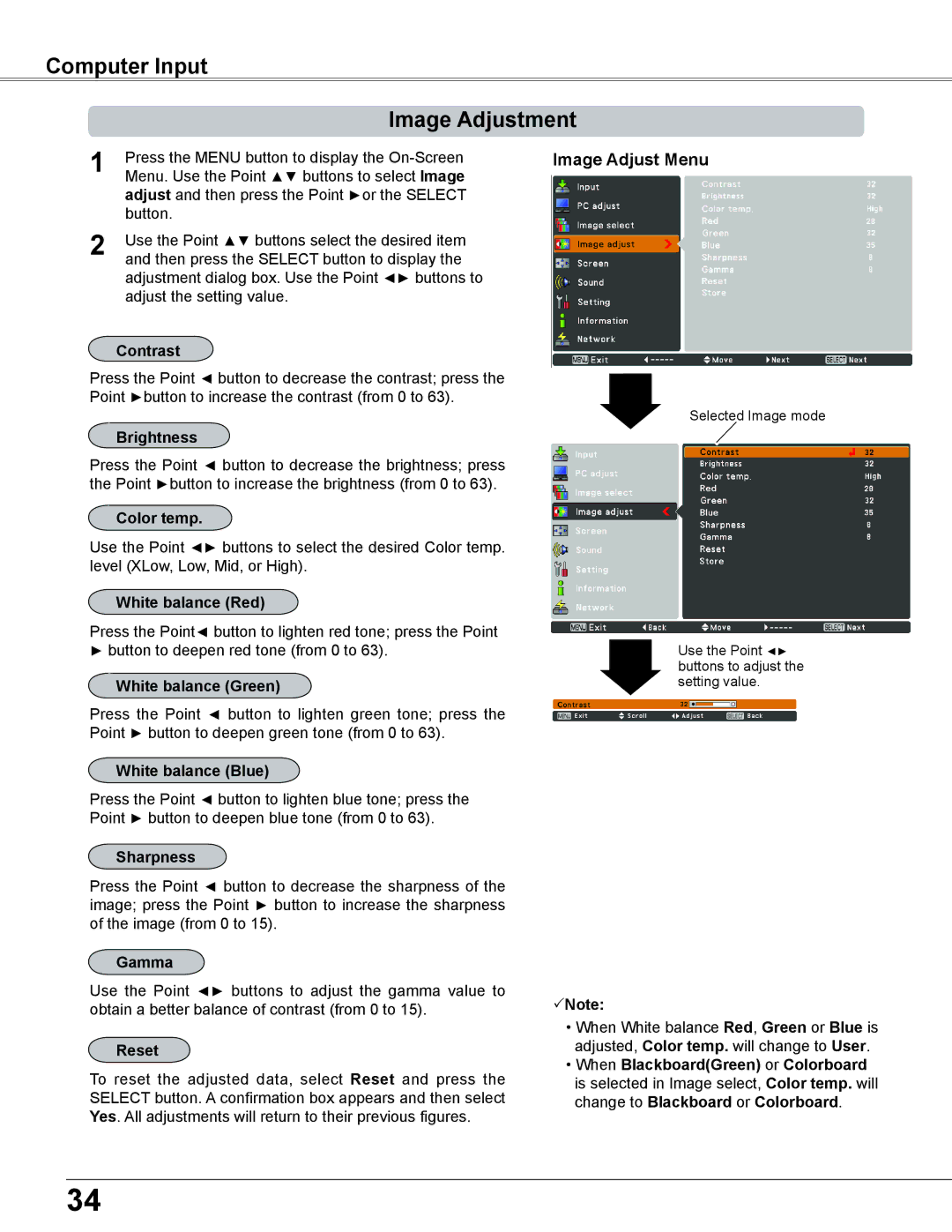 Sanyo PLC-XC56 owner manual Computer Input Image Adjustment, Image Adjust Menu 